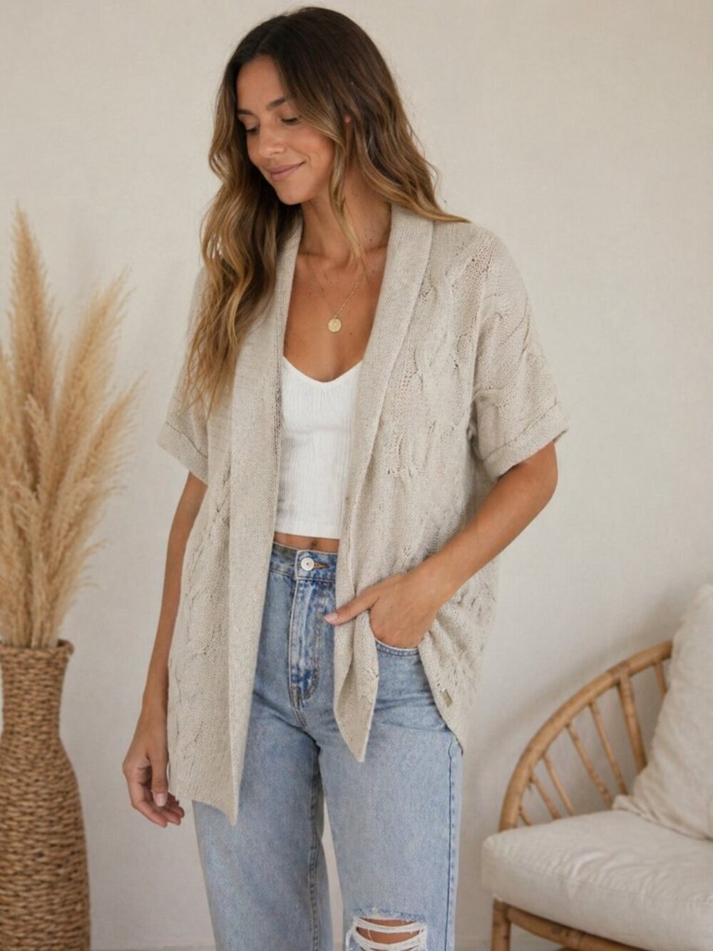 Orb Beige Knit Cardigan Small Open Front Boho Cozy Lightweight Sweater